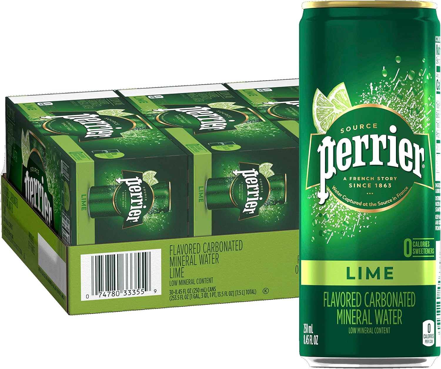 30 x Perrier Sparkling Mineral Water Lime Can Case 250ml