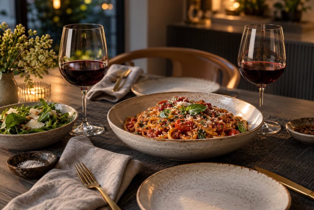 Two glasses of red wine beside tomato pasta and salad on a warmly lit dinner table.