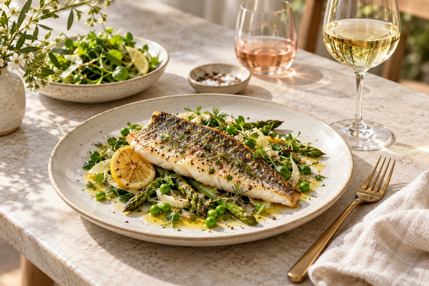 Grilled fish with lemon and vegetables beside glasses of white wine and rosé.