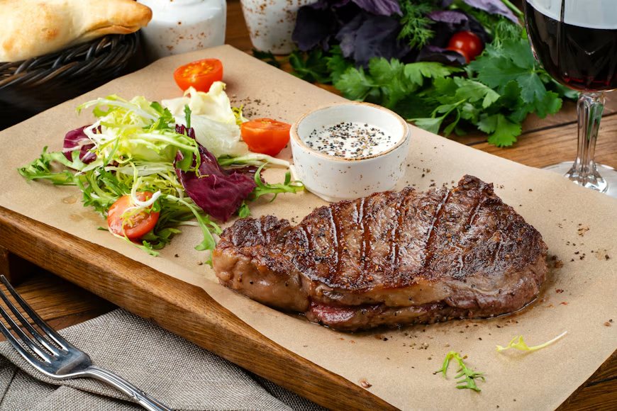 Grilled steak and salad beside a glass of red wine